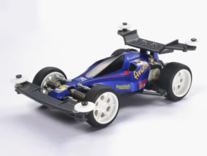 Tamiya Mini 4WD Avante with white rollers on front stay and wing kit