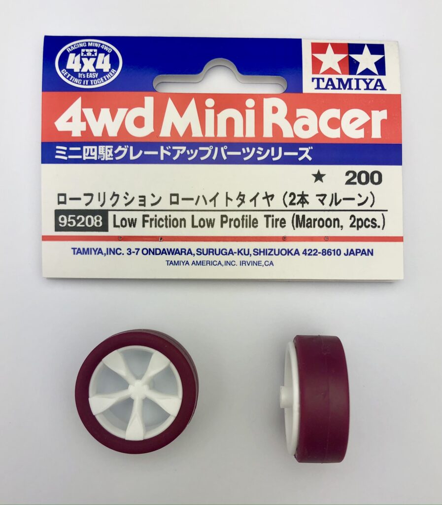 Tamiya Mini 4WD low profile small diameter Low Friction Low Profile Tire (Maroon, 2pcs) [Item no: 95208] with kit standard white wheels